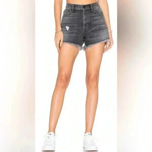 SIWY Avery hi rise black denim button fly distressed shorts